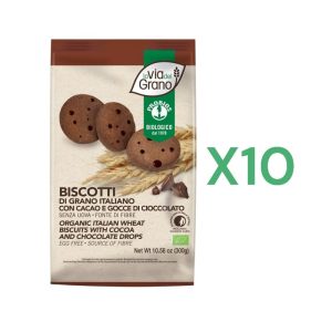 BOX 10x Probios Biscotti di Grano con Cacao e Gocce di Cioccolato Biologico gr.300