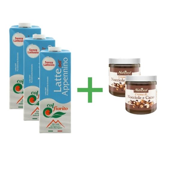 Combo 3x Colfiorito Latte dell'Appennino UHT P.S. Senza Lattosio lt.1 + 2x Nutrisost Crema di Nocciole e Cacao gr.200